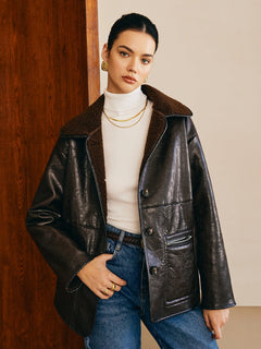 Sofia | Elegante Leder Wendejacke für Damen mit Teddy-Futter in Dunkelbraun