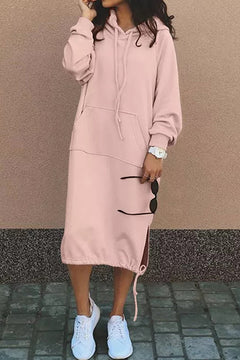 Damen Lange Kapuzenpullover Kleid | Langarm in Rosa