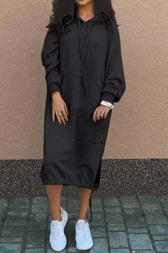 Damen Lange Kapuzenpullover Kleid | Langarm in Schwarz