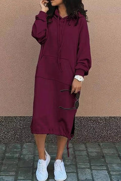 Damen Lange Kapuzenpullover Kleid | Langarm in Wein Rot