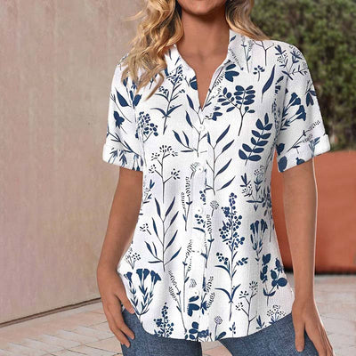 Sophia - Lässige Damenbluse mit Blattdruck, Kurze Ärmel aus Baumwoll-Polyester