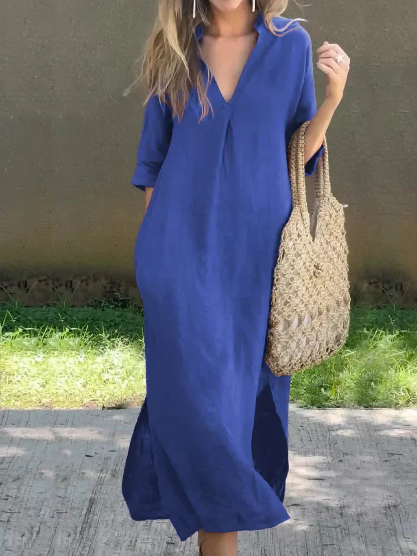Halbarmlänge V-Ausschnitt Leinenkleid für Damen