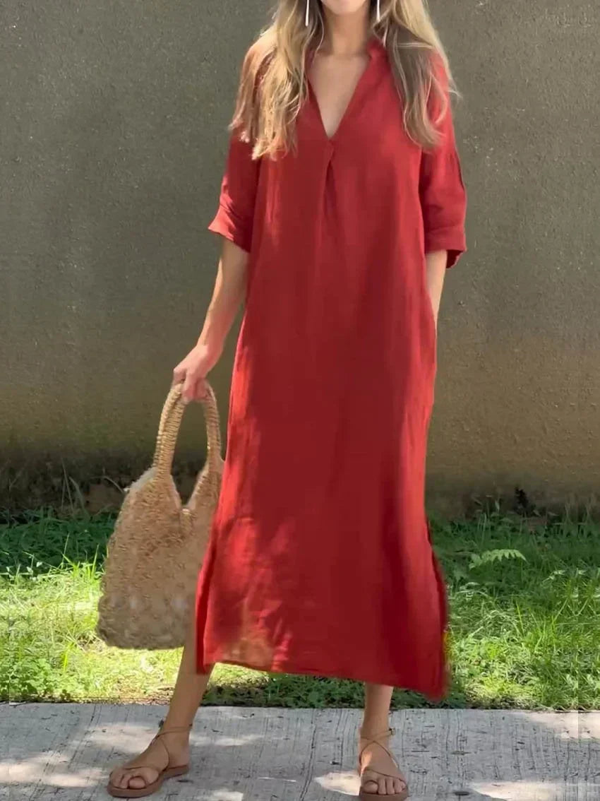 Halbarmlänge V-Ausschnitt Leinenkleid für Damen