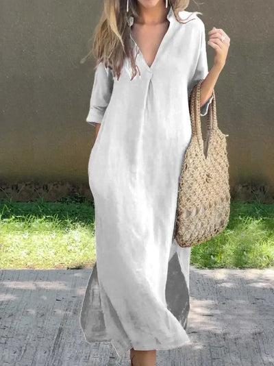 Halbarmlänge V-Ausschnitt Leinenkleid für Damen
