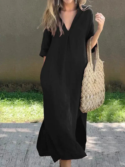 Halbarmlänge V-Ausschnitt Leinenkleid für Damen