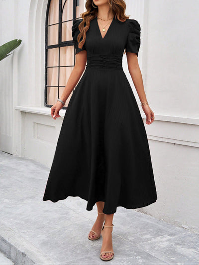 Stella - V-Ausschnitt A-Line Midi-Kleid mit Puffärmeln für Damen