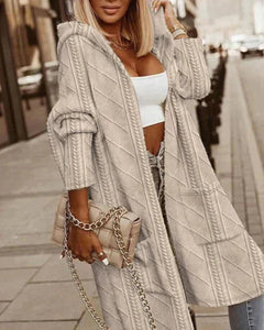 Langärmlige Damen-Strickjacke - Bequemer Hoodie-Stil in Beige