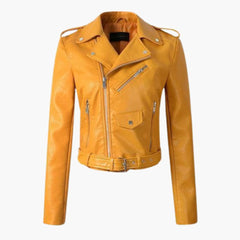 Stylische Damen Bikerjacke mit Reverskragen und Reißverschlusstaschen in Gelb