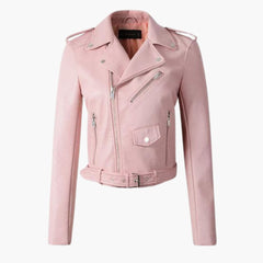 Stylische Damen Bikerjacke mit Reverskragen und Reißverschlusstaschen in Rosa