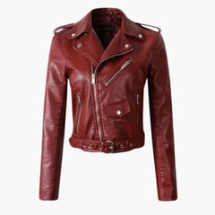 Stylische Damen Bikerjacke mit Reverskragen und Reißverschlusstaschen in Rot