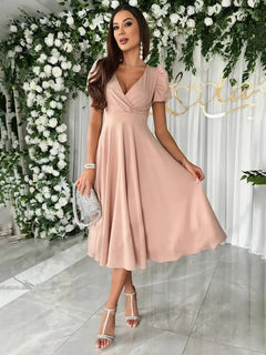 Gabriele | Damen Elegantes Midikleid mit V-Ausschnitt in Rosa