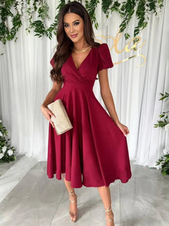 Gabriele | Damen Elegantes Midikleid mit V-Ausschnitt in Rot