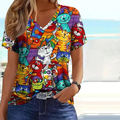 Sunna - Buntes Katzendruck T-Shirt Damen Mit Kurzarm