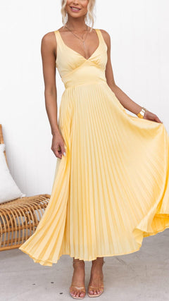 Abigail | Gelbes Plissiertes V-Ausschnitt Maxikleid in GELB