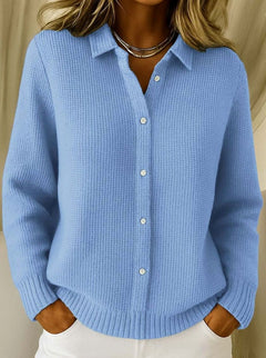 Taillierte Strickjacke Damen mit Hemdkragen Hüftlang Langarm Cardigan Weißknöpfe in Blau