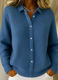 Taillierte Strickjacke Damen mit Hemdkragen Hüftlang Langarm Cardigan Weißknöpfe in Dunkelblau