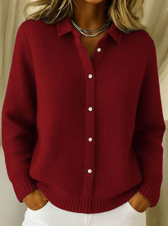 Taillierte Strickjacke Damen mit Hemdkragen Hüftlang Langarm Cardigan Weißknöpfe in Rot