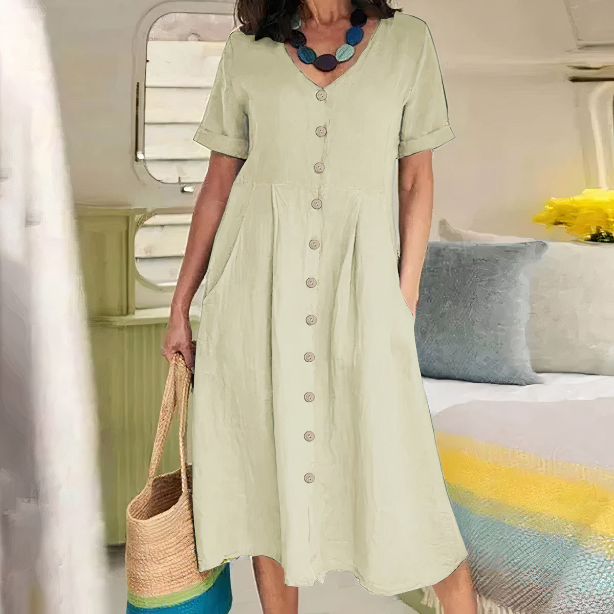 Tarelda - Damen Knopf-Front Midikleid