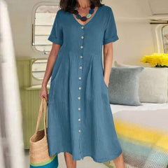 Tarelda - Damen Knopf-Front Midikleid in Blau Grün