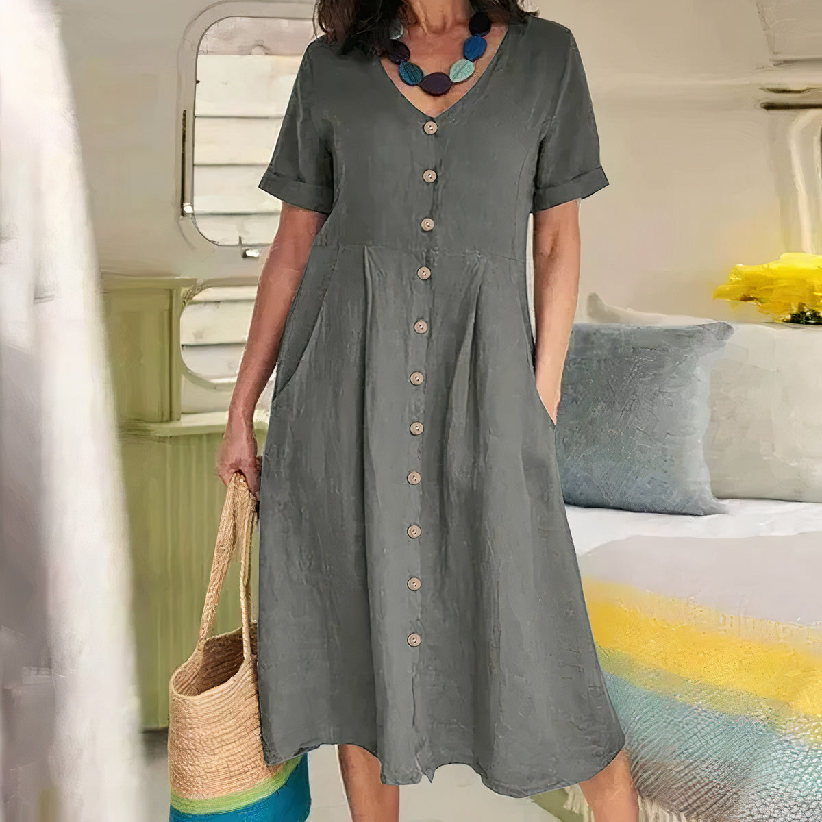 Tarelda - Damen Knopf-Front Midikleid