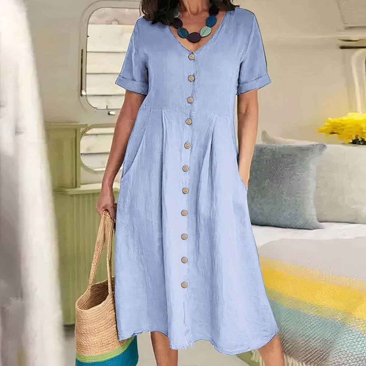 Tarelda - Damen Knopf-Front Midikleid