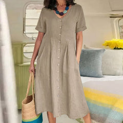 Tarelda - Damen Knopf-Front Midikleid in Khaki
