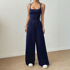 Bela™ Langer Jumpsuit mit weitem Bein, Doppelträgern und offenem Rücken in Blau