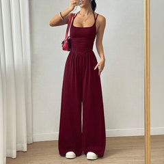 Bela™ Langer Jumpsuit mit weitem Bein, Doppelträgern und offenem Rücken in Burgund