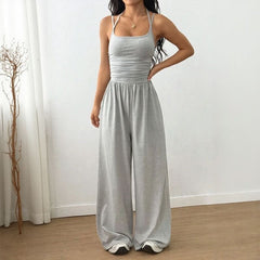 Bela™ Langer Jumpsuit mit weitem Bein, Doppelträgern und offenem Rücken in Grau