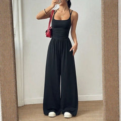 Bela™ Langer Jumpsuit mit weitem Bein, Doppelträgern und offenem Rücken in Schwarz