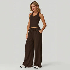 Lunary™ Set Mit Minimalistischem Top und Fließender Pantalonhose in Braun