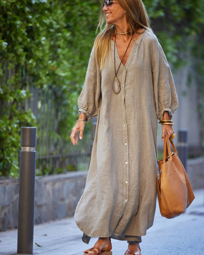 Telmina - Damen Sommer Puffärmeln Maxikleid mit Knöpfen