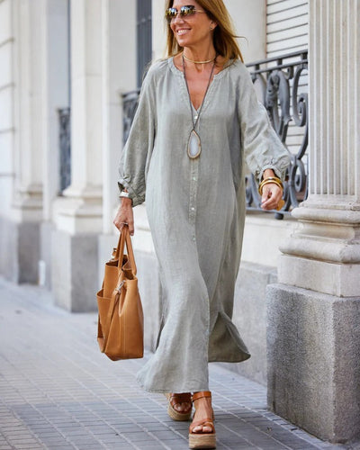 Telmina - Damen Sommer Puffärmeln Maxikleid mit Knöpfen