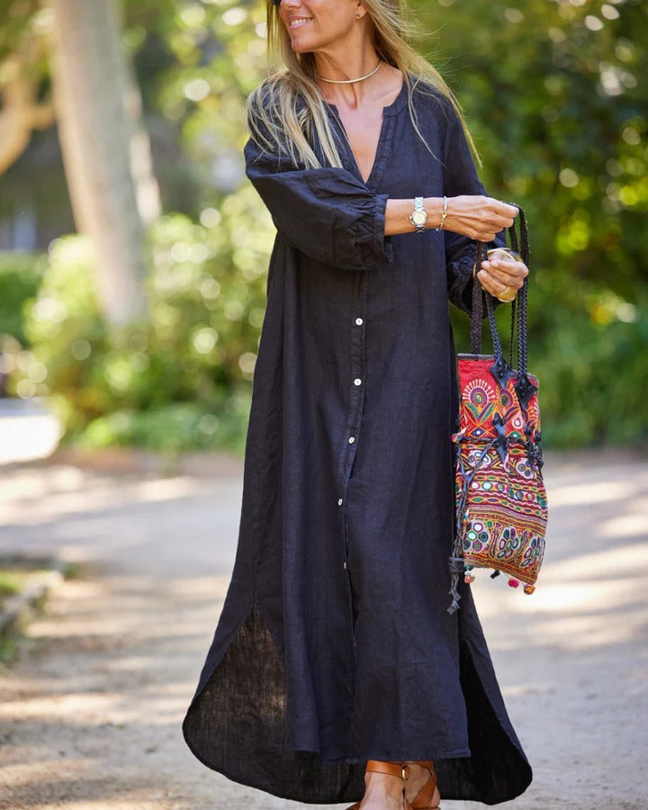Telmina - Damen Sommer Puffärmeln Maxikleid mit Knöpfen