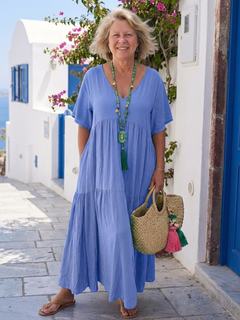 Zinnia | Damen Stufen-Maxikleid Kurzarm Blau Fließend in Sky blue