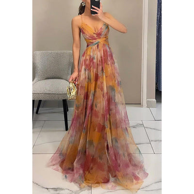 Theodora- Abendkleid aus geblümtem Tüll mit überkreuztem Ausschnitt