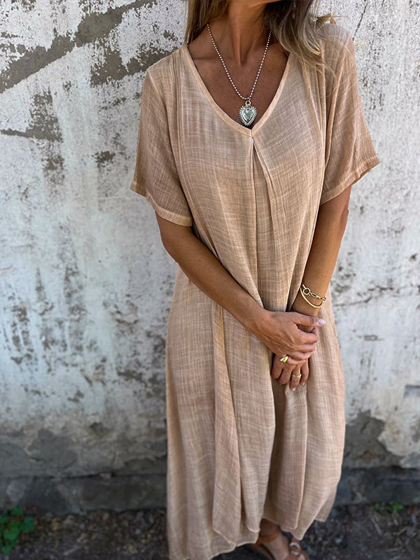 Thyra - Damen-Midikleid aus Leinen mit V-Ausschnitt und kurzen Ärmeln