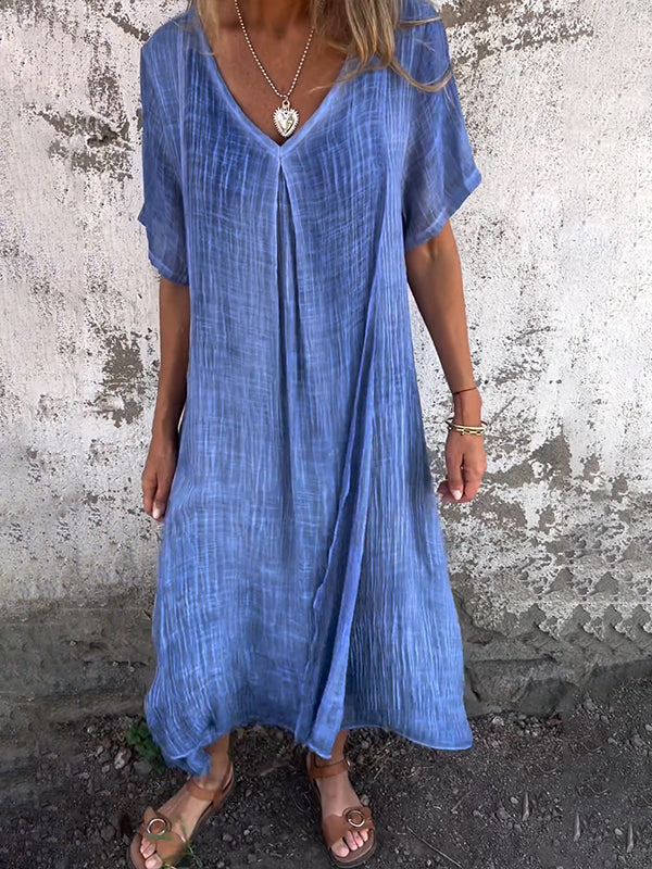 Thyra - Damen-Midikleid aus Leinen mit V-Ausschnitt und kurzen Ärmeln