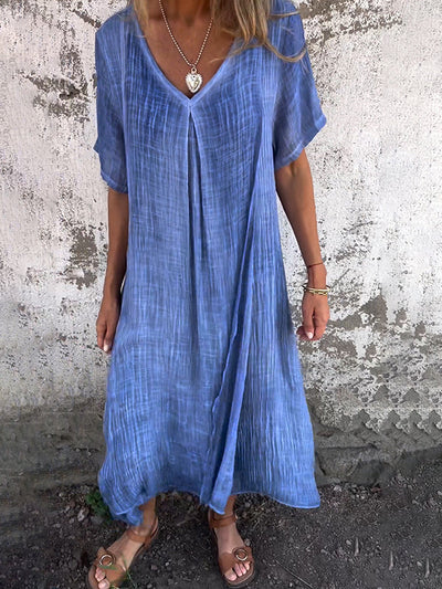 Thyra - Damen-Midikleid aus Leinen mit V-Ausschnitt und kurzen Ärmeln