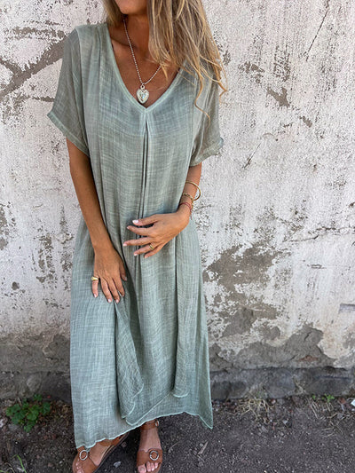 Thyra - Damen-Midikleid aus Leinen mit V-Ausschnitt und kurzen Ärmeln
