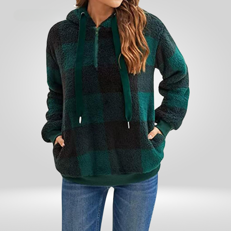 Damen Kapuzenpullover Mit Halbem Reißverschluss Und Karomuster | Strick
