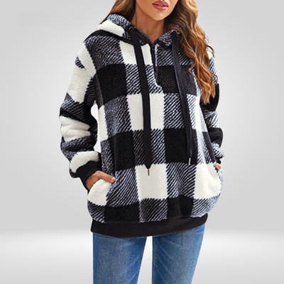 Damen Kapuzenpullover Mit Halbem Reißverschluss Und Karomuster | Strick