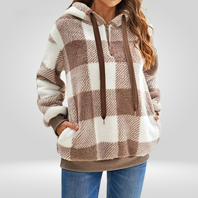Damen Kapuzenpullover Mit Halbem Reißverschluss Und Karomuster | Strick