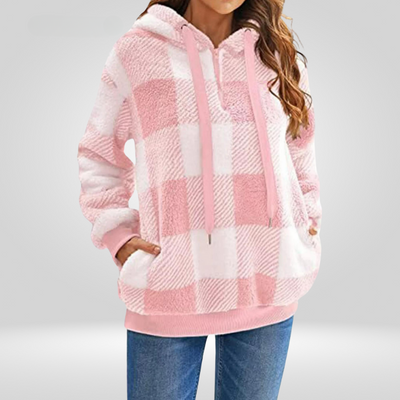 Damen Kapuzenpullover Mit Halbem Reißverschluss Und Karomuster | Strick