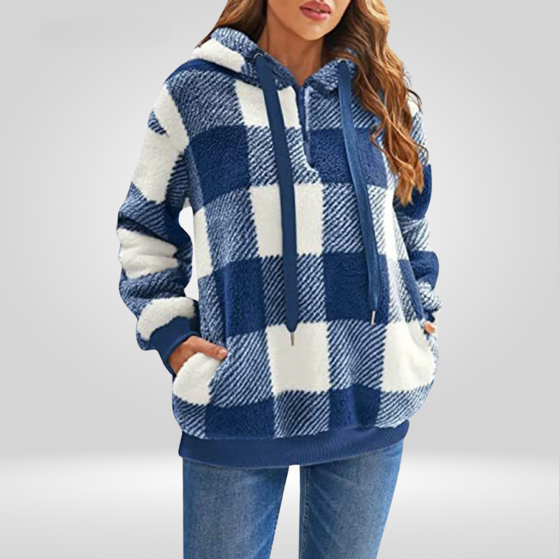 Damen Kapuzenpullover Mit Halbem Reißverschluss Und Karomuster | Strick