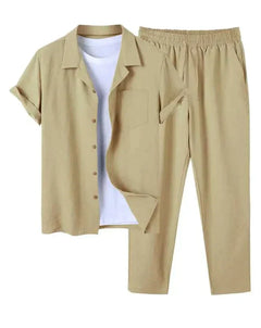 Torian - Herren Leinen Kurzarmhemd und Hose Set in Hellgelb