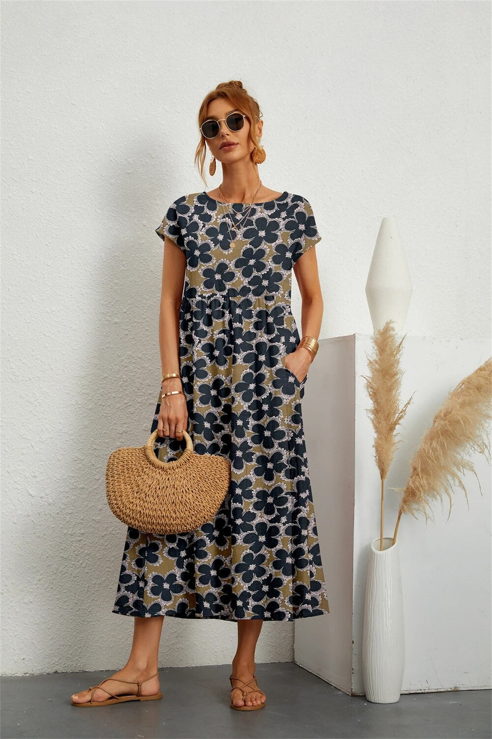 Tysiane - Damen Sommer Midikleid mit Blumenmuster and Taschen