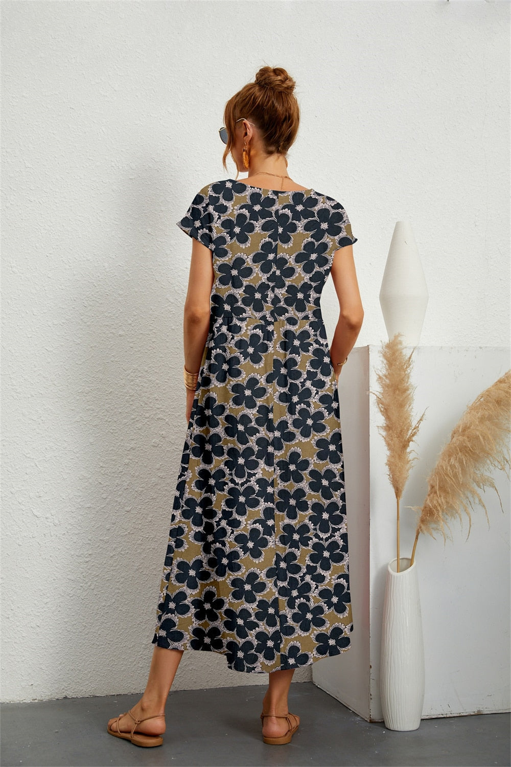Tysiane - Damen Sommer Midikleid mit Blumenmuster and Taschen