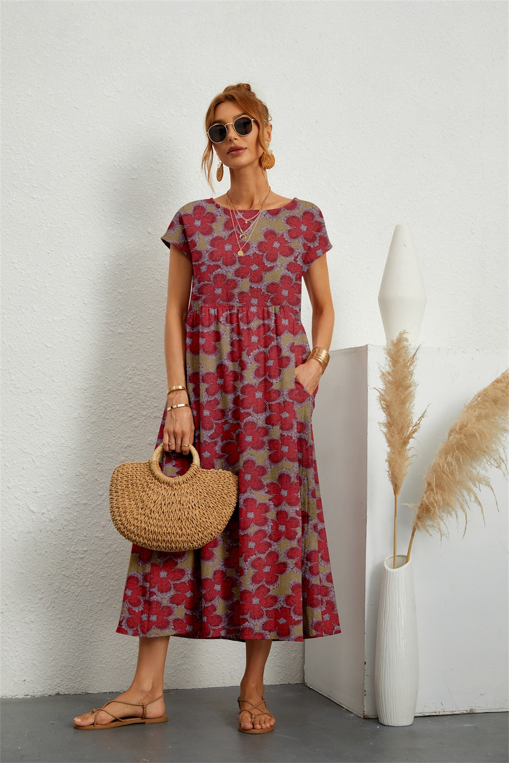Tysiane - Damen Sommer Midikleid mit Blumenmuster and Taschen