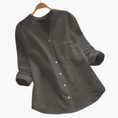 Lockere Hemdbluse für Damen - Langarm, Stehkragen & Casual in Grau